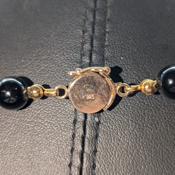 8mm Black Stone Beaded Hand Knotted Necklace 925 Vermeil Chinese Symbol Clasp - Picture 3 of 6